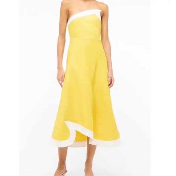 STAUD Dresses & Skirts - STAUD detail strapless linen Dress yellow and white NEW WITH TAGS!! Size 4